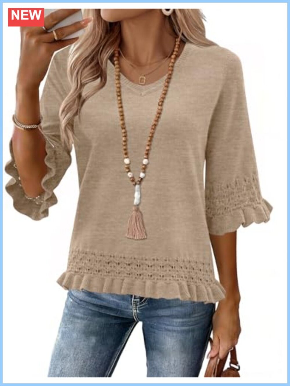 Womens V Neck Peplum Sweater 3/4 Sleeve Ruffle Pullover Top